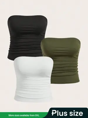 【Plus Size】Solid Ruched Tube Top, Casual Comfy Breathable Fitted Strapless Knitting Top for Summer Daily Wear, Women's Cl...