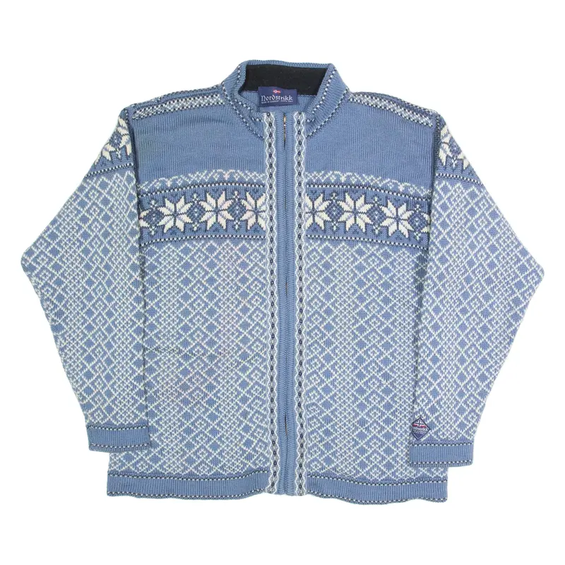 NORDSTRIKK Mens Icelandic Cardigan Blue High Neck 90s Wool L