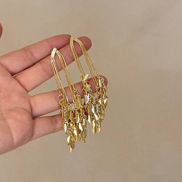 Alloy Leaf Tassel Dangle Stud Earrings for Women