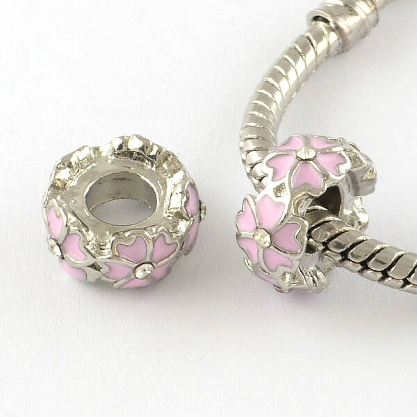 Enamel Flat Round with Flower Platinum Tone Alloy Large Hole Beads