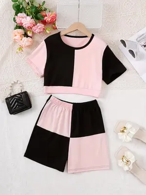 Girl's Colorblock Short Sleeve Tee & Elastic Waist Shorts Two-piece Set, Casual Round Neck T-shirt & Shorts for Daily Wear, K...