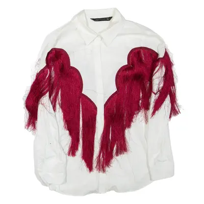 ZARA Fringe Womens Shirt White Collared Long Sleeve M