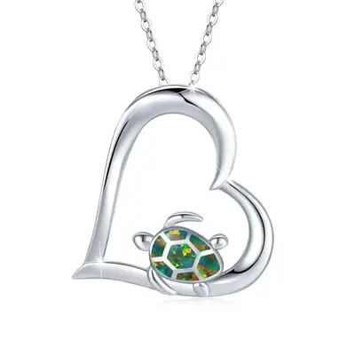 Sterling Silver Heart Shaped Opal Tortoise Pendant Necklace