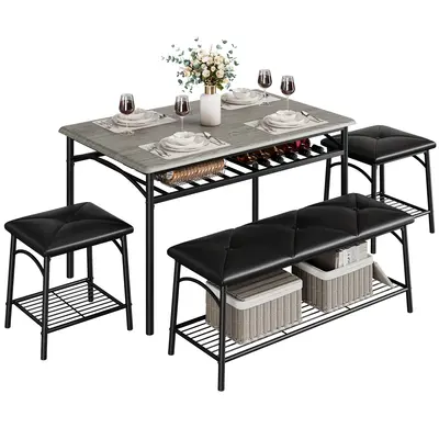 Garvee Kitchen Dining Room Table Set with Upholstered Bench and Square Stools, Metal and Wood Dining Table Set for 4 with Sto...