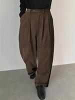 Men's Solid Color Button Fly Side Pocket Corduroy Carrot Pants, Loose-Fitting Casual Comfy Zipper Trousers for Daily Wear, Pa...