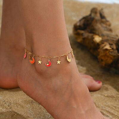 Beach Style Adjustable Moon with Star Anklets for Women Real 18K Gold Plated