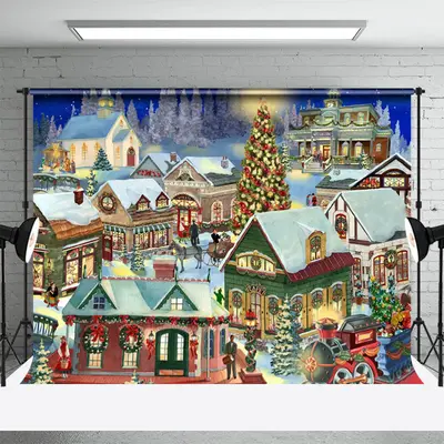 Village Carriage Christmas Tree Backdrop For Party - Aperturee