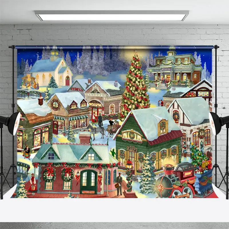 Village Carriage Christmas Tree Backdrop For Party - Aperturee