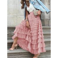 Women's Long Skirt Multilayer Mesh Pleated High Waist High Stretch Elegant Solid Color Cake Skirt Long Skirt Mesh Pleated Hig...