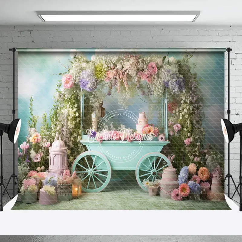 Cyan Cart Leaf Floral Spring Backdrop For Photo - Aperturee