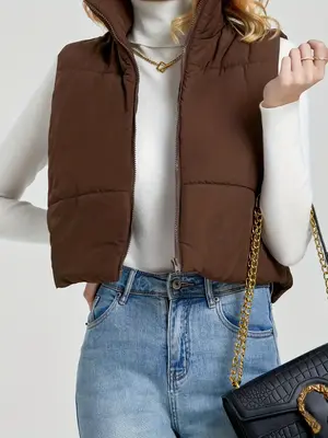 Women's Basic Solid Zip Up Stand Collar Waistcoat without Sweater, Fashion Casual Comfort Sleeveless Fitted Outerwear for Lad...