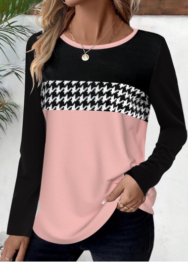 Modlily Pink Geometric Print Long Sleeve Round Neck T Shirt - XXL