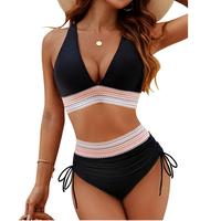 Women High Waisted Bikini Sets Tummy Control Swimsuits Color Block Two Piece Drawstring Bathing Suit Outdoorfun