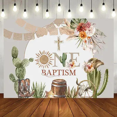 Cactus Flowers Cross Cowboy One Baptism Backdrop - Aperturee