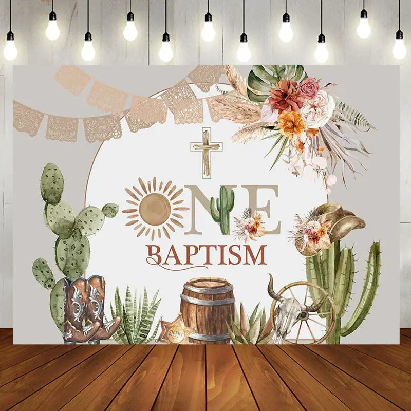 Cactus Flowers Cross Cowboy One Baptism Backdrop - Aperturee