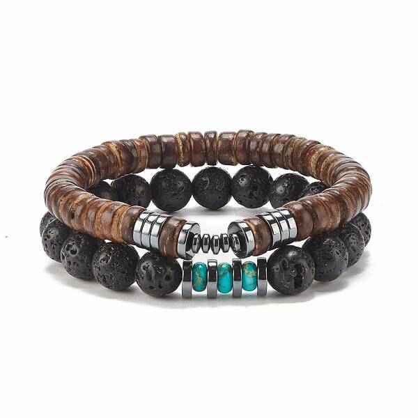 2Pcs 2 Style Natural Coconut & Gemstone Stretch Bracelets Set