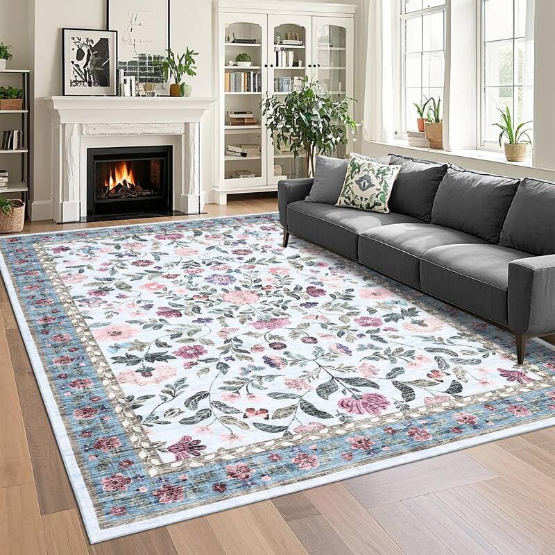 Garvee Large Washable Area Rug 10x13 Light Blue - Soft Low Pile, Non-Slip Rubber Backing - Faux Wool, Vintage Floral Design -...