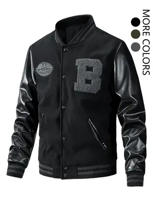 Men's Letter Patched Pocket Button Front Varsity Jacket, Casual Regular Fit Long Sleeve Stand Collar PU Leather Jacket Coat ...