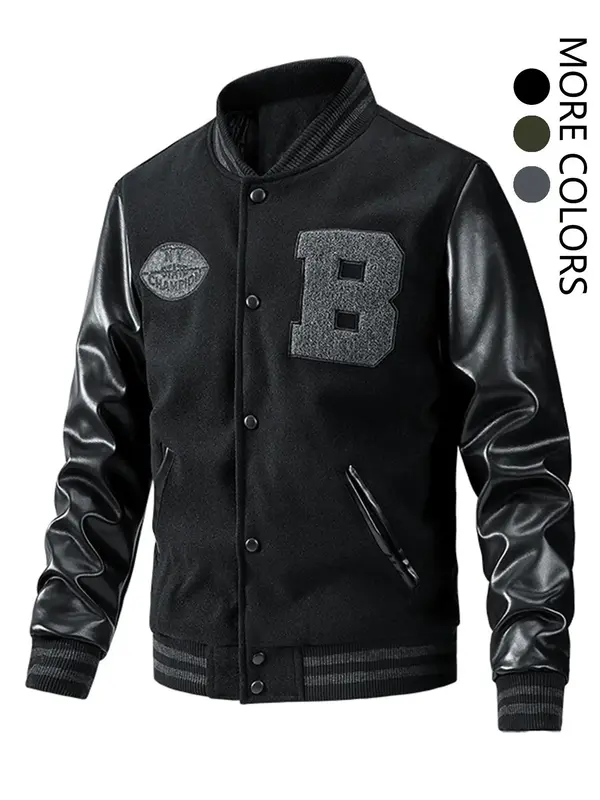 Men's Letter Patched Pocket Button Front Varsity Jacket, Casual Regular Fit Long Sleeve Stand Collar PU Leather Jacket Coat ...