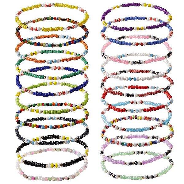 Candy Color Glass Seed Beads Stretch Anklets Set for Girl Women