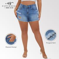 【Plus Size】Curvesoul Women's Casual Classic Plus Size Dark Blue Ripped Raw Cut Denim Shorts Summer Style