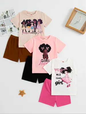 Toddler Girl's Cartoon Print Short Sleeve Tee & Shorts Set, Casual Round Neck T-shirt & Shorts, Summer Clothes for Kids