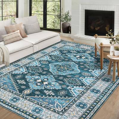 Garvee Washable Area Rugs 5x7 Rug for Living Room Non Slip Bedroom Rug Vintage Tribal Rug Blue Distressed Rug Chenille Thin C...