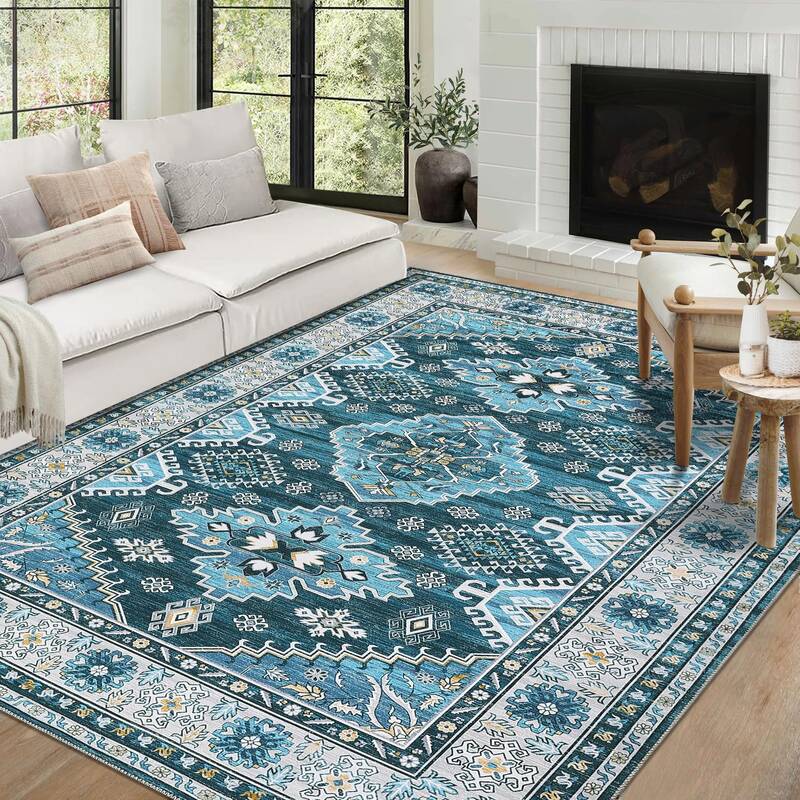 Garvee Washable Area Rugs 5x7 Rug for Living Room Non Slip Bedroom Rug Vintage Tribal Rug Blue Distressed Rug Chenille Thin C...