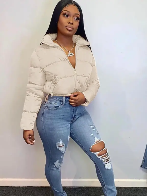 Women's Plain Pocket Full Cropped Winter Coat, Warm Comfy Long Sleeve Zipper Puffer Coat for Fall & Winter, for Daily Streetw...