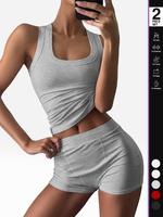 Women's Solid Ribbed Tank Top & Shorts Loungewear Two-Piece Set, Casual Comfy Round Neck Sleeveless Top & Shorts PJ Set, Ladi...