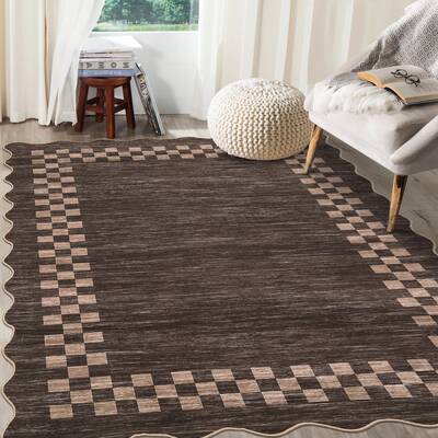 Garvee Bordered Brown 6x9 Area Rug Large Living Room Modern Border Throw Rug with Rubber Backing Stain Resistant Dining Room ...