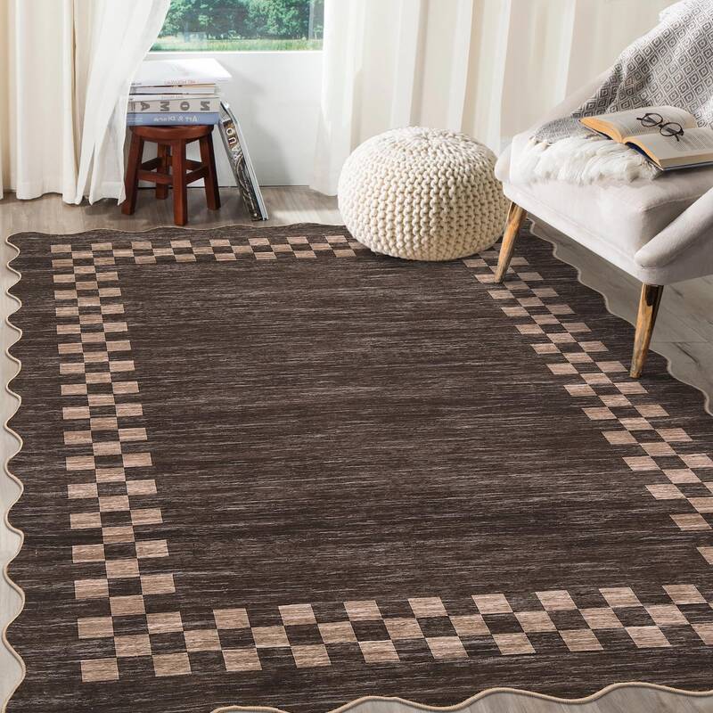 Garvee Bordered Brown 6x9 Area Rug Large Living Room Modern Border Throw Rug with Rubber Backing Stain Resistant Dining Room ...