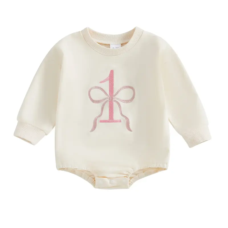 Infant Baby Girl Birthday Romper Bow Number Embroidery Crew Neck Long Sleeve Sweatshirt Jumpsuit for Fall Winter