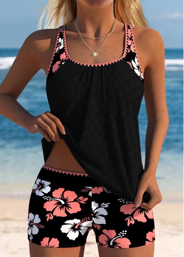 Modlily Mid Waisted Floral Print Coral Tankini Set - S