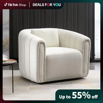 [Restock] Ebello Swivel Feature Chair with Plump Pillow, Modern Channel Dutch Velvet Upholstery Chair, Comfortable Round Armc...