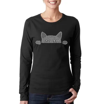 Peeking Cat - Women's Word Art Long Sleeve T-Shirt - Pink - X-Large