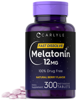 Carlyle Melatonin 12 mg Fast Dissolve 300 tablets | Drug Free | Natural Berry Flavor | Vegetarian, Non-GMO, Gluten Free
