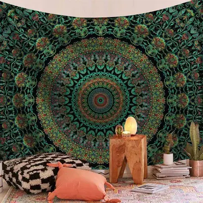 (Ship In 24HR) Dark Green Mandala Trippy Room Decoration Wall Tapestry