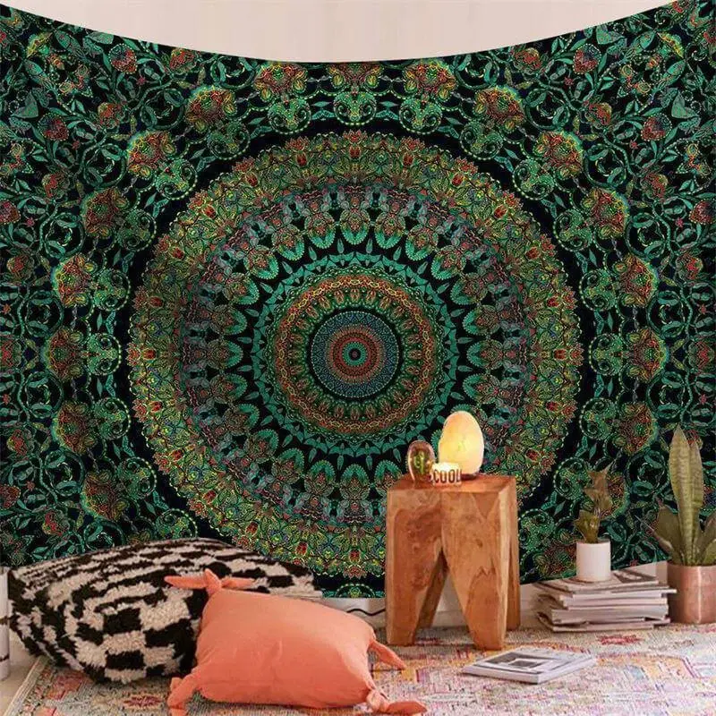 (Ship In 24HR) Dark Green Mandala Trippy Room Decoration Wall Tapestry