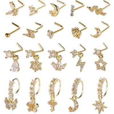 MILAKA 20Pcs 20G Star Butterfly L-Shaped Dangling Nose Ring Stainless Steel Flower CZ Studs for Women Hoops Nose Piercin