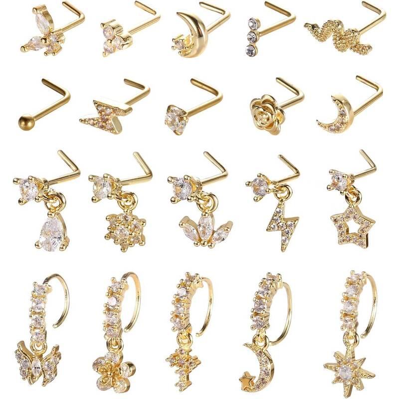 MILAKA 20Pcs 20G Star Butterfly L-Shaped Dangling Nose Ring Stainless Steel Flower CZ Studs for Women Hoops Nose Piercin