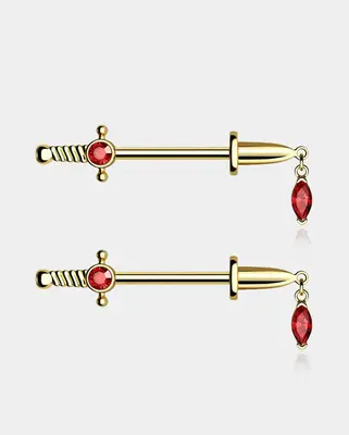 2PCS Sword Red Gems Nipple Barbell Rings - Gold
