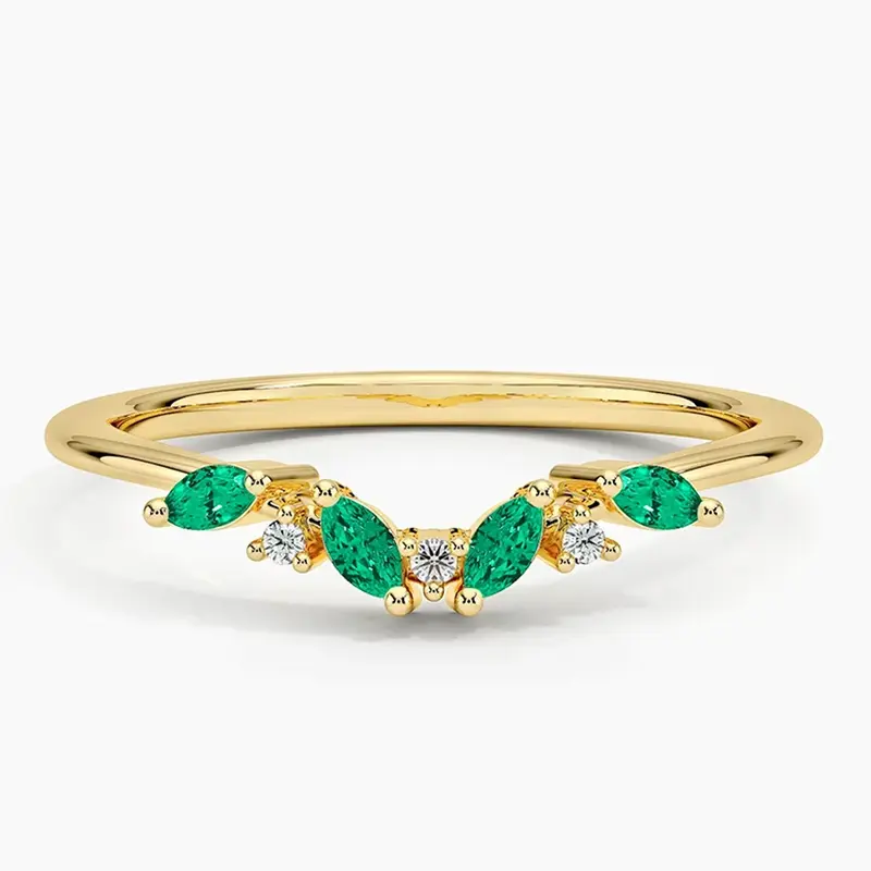 18K Gold Round Shaped & Marquise Shaped Emerald & Lab Created Diamond Custom Personalized Engraving & Engagement Ring F/G Col...