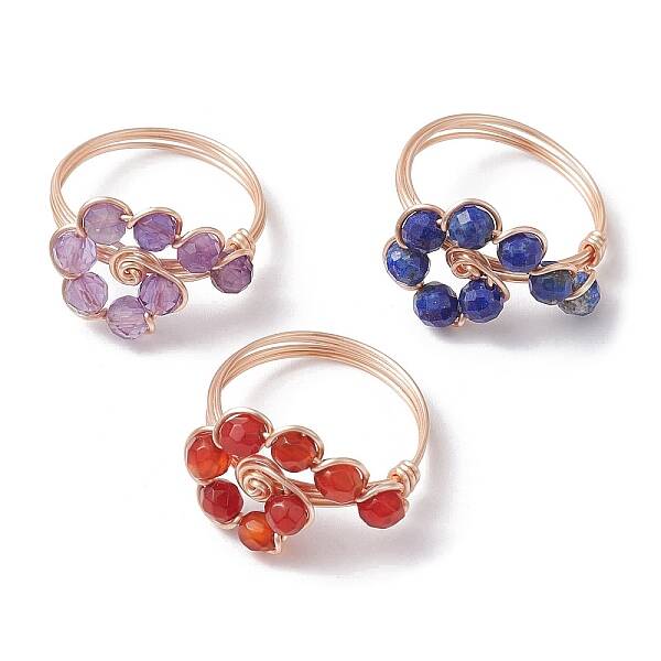 3Pcs 3 Style Natural Mixed Gemstone Braided Beaded Finger Rings Set