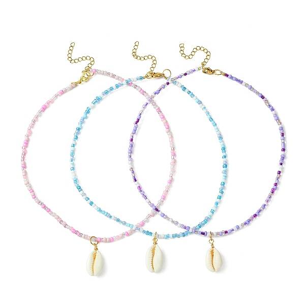 3Pcs 3 Color Natural Cowrie Shell Pendant Necklaces Set with Glass Seed Beaded Chains