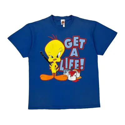 Tweety Get A Life 1997 Looney Tunes Graphic T-Shirt - 2XL Blue Cotton
