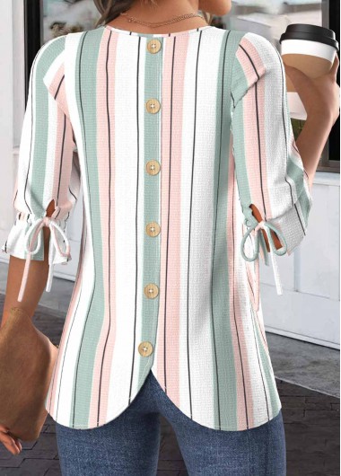 Modlily White Drawstring Striped Half Sleeve Round Neck Blouse - XXL