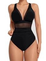 Sam Louise Collection Women's Solid Contrast Mesh Ruched One-piece Swimsuit, Bathing Suits Women, One Piece Swimsuits 2024, S...