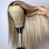 28 30 32 Inch Brown Root Ash Blonde Straight 13X4 Lace Frontal Human Hair Wigs Transparent Lace 180 Density Ombre Ash Blonde ...