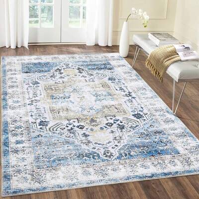 Garvee Vintage Rug 9x12 Distressed Area Rugs Machine Washable Rug Blue Indoor Floor Cover Carpet Rug Soft Velvet Mat Foldable...